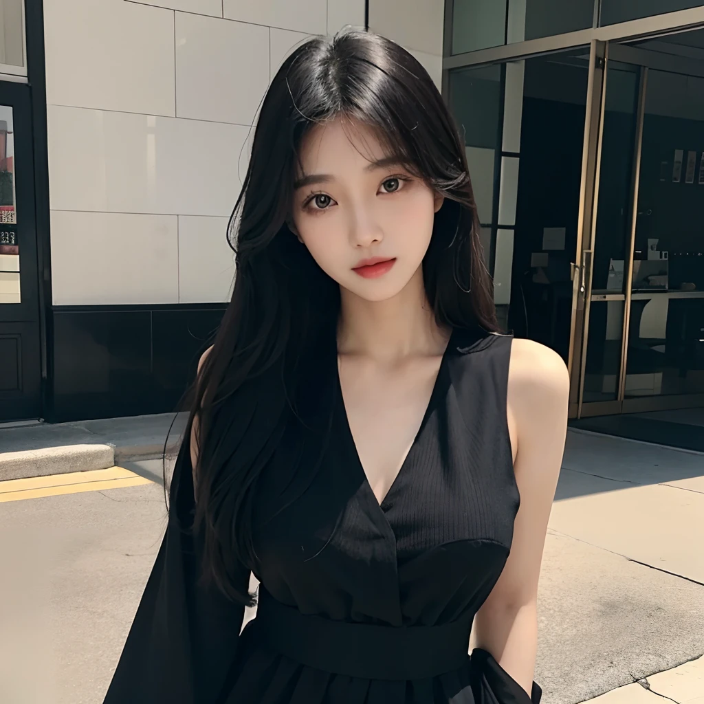 Portrait of a young korean woman in black slip dress and long