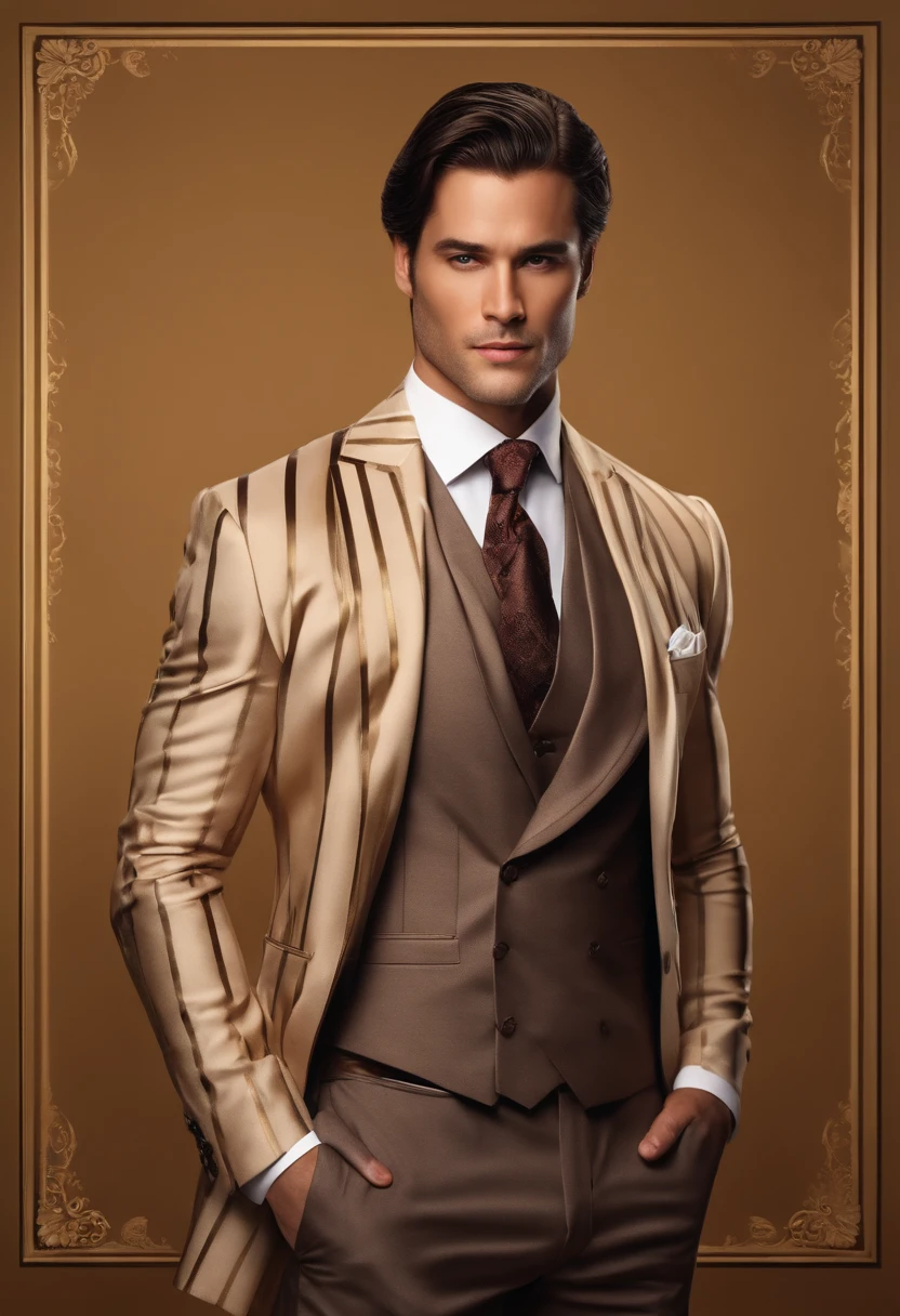 character standing with arm straight, dark hair (neck length hair tied in a ponytail), nice pose, handsome man, pretty face, royal elegant pose, business man, (in a striped blazer), (The surrounding environment is a luxurious and classic living room) (sand tone image)