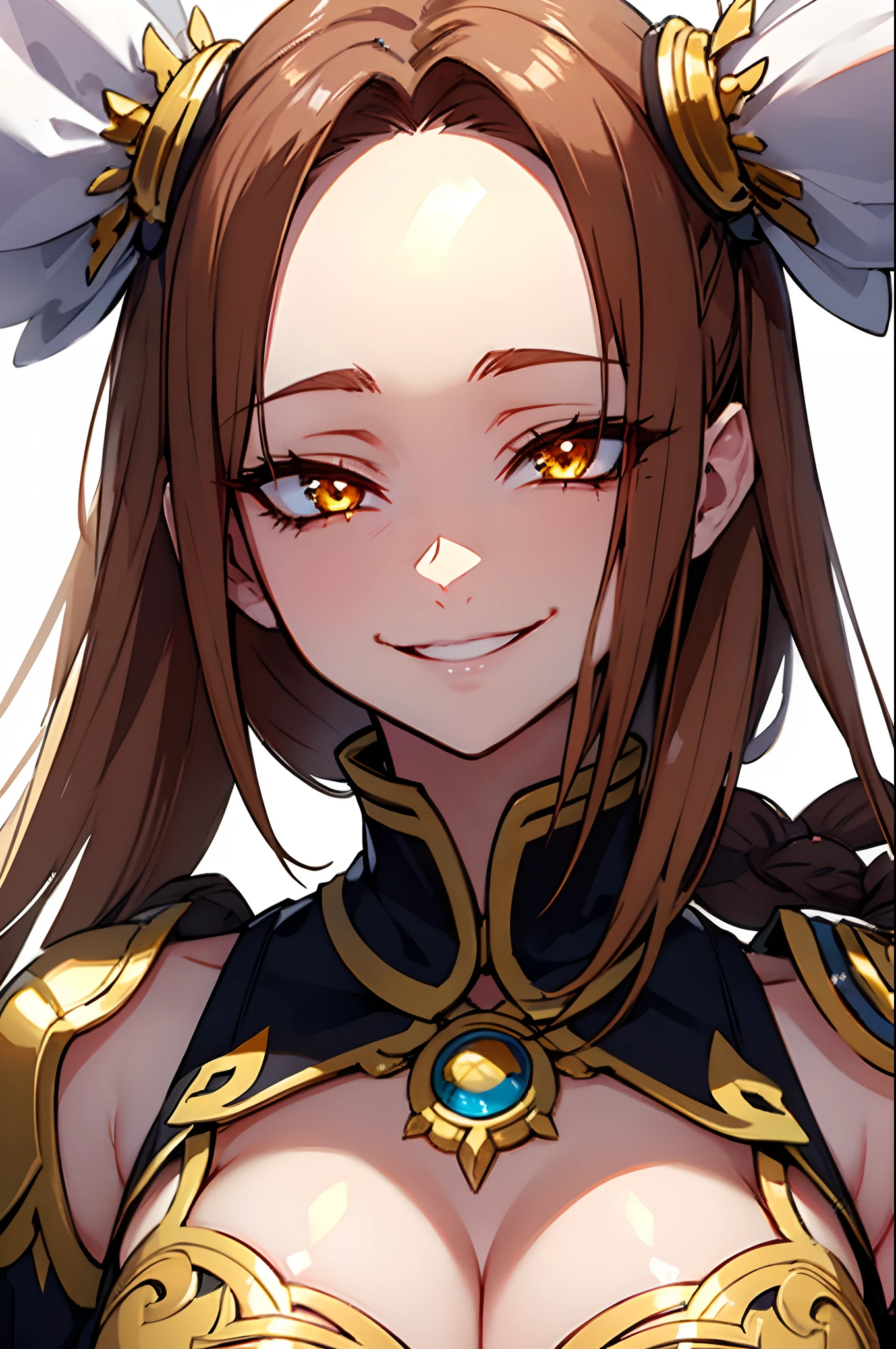 gesugao facial expression, gesugao, sadistic smile, fantasy-style, (close up), (shiny forehead), 
(masterpiece, best quality,:1.3), perfect eyes, (((face focus))), Simple Background, high resolution, all intricate, (flat color:-0.3), long eyelashes, golden, cleavage, breast,