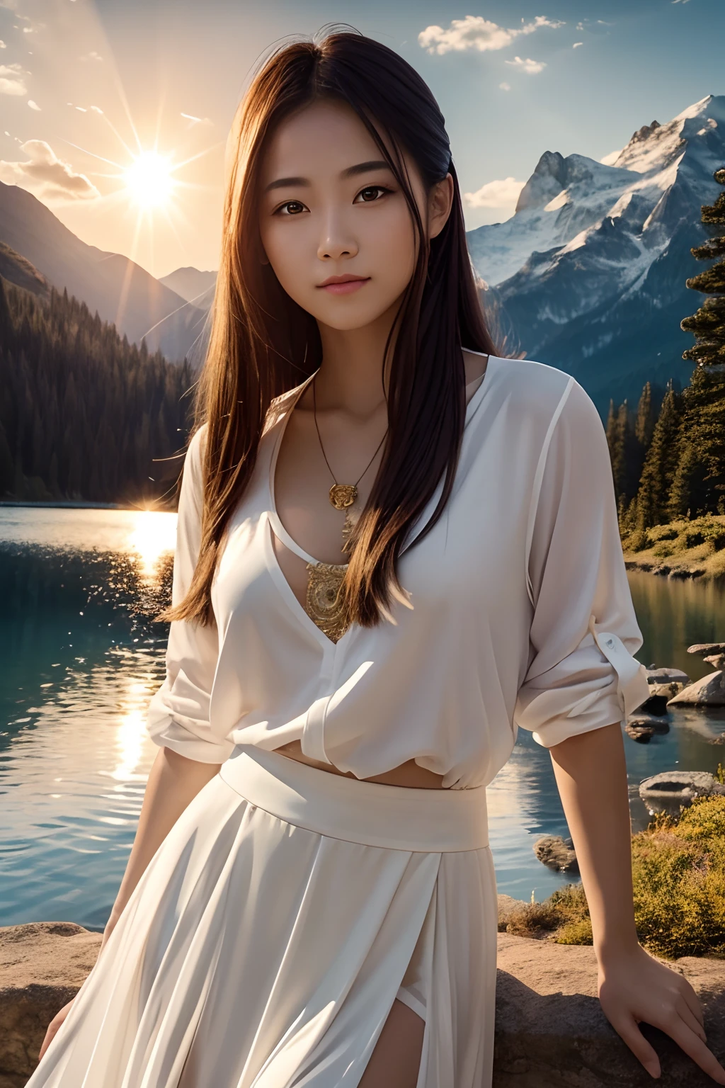 1 girl, Happy expression, Charming eyes, straight long hair, Flowing skirt, big, Looking at the sun, Calm posture, porcelain-like leather, Gentle blush, crystal pendant BREAK golden hour, (edge lighting): 1.2, cool colors, Solar flare, soft shadows, Bright colors, Drawing Effects, Fantastic atmosphere BREAK Scenic Lakes, Distant mountains, pines, Mountain peaks, reflections, Sun-drenched clouds, peaceful atmosphere, Idyllic sunrise, Ultra Detailed, official arts, 统一 8k 壁纸, zentangle, a Mandala