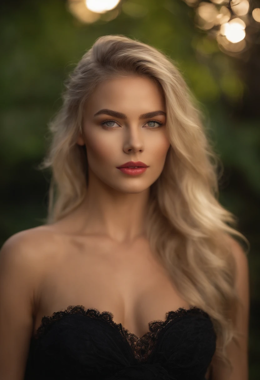 A woman with long blonde hair and a black dress posing for a picture -  SeaArt AI