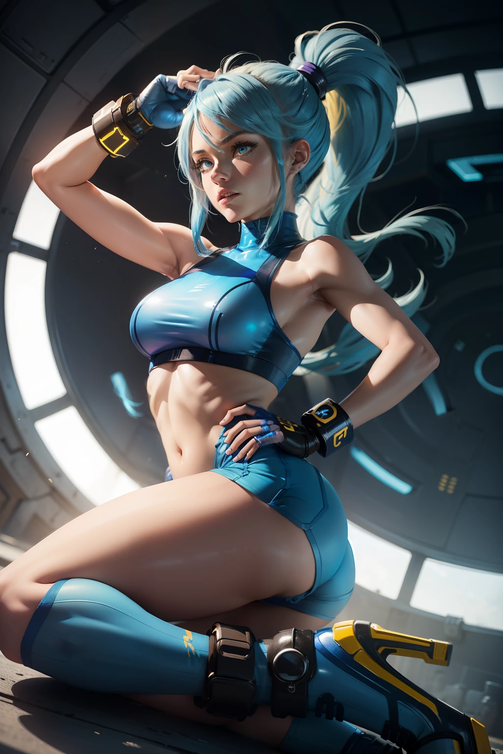 samus aran,ponytail, hair tie, blue gloves, blue bodysuit, high heels,ponytail, blue crop top, sleeveless, midriff, wristband, blue shorts, high heels, blue hair, yellow eyes