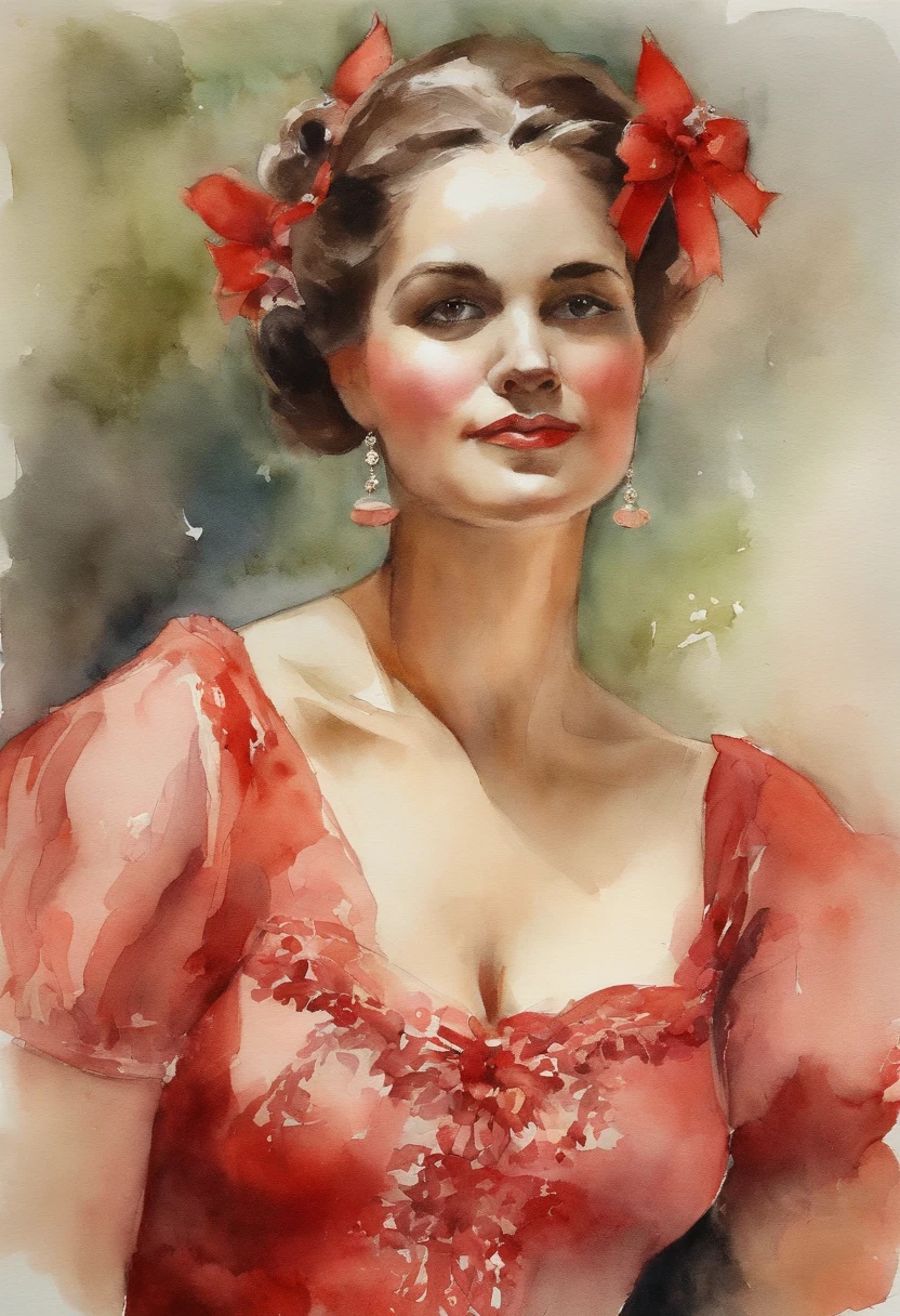 A painting of a woman in a red dress with a red bow - SeaArt AI