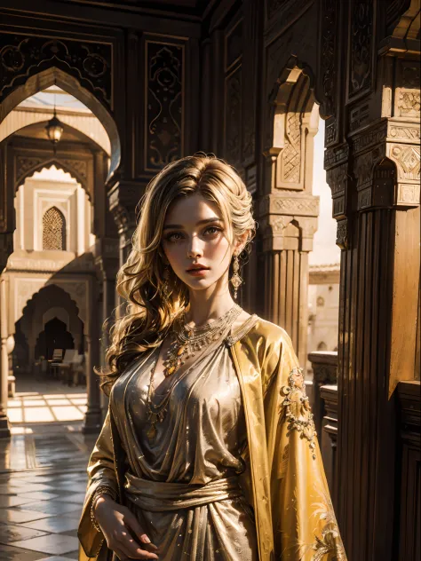 European beauty blonde hair, 45 ans. Dressed only in a respectable outfit complete Moroccan Islamic caftan red yellow portrait hyper realistic super detailed face hyper realistic super detailed Moroccan Islamic pose environment architecture hyper realistic...