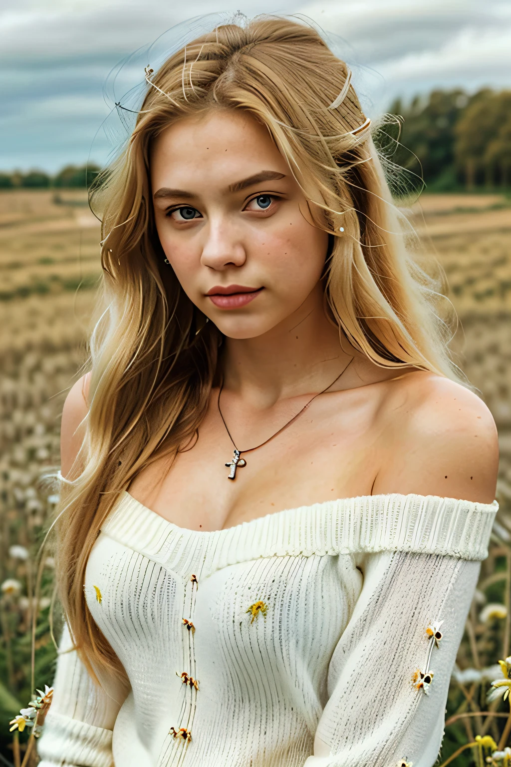 1 girl 18 year old, majestic, long hair, breasts, looking at viewer, blonde hair, bare shoulders, brown eyes, jewelry, necklace, off shoulder, sweater, lips, realistic, on flower field