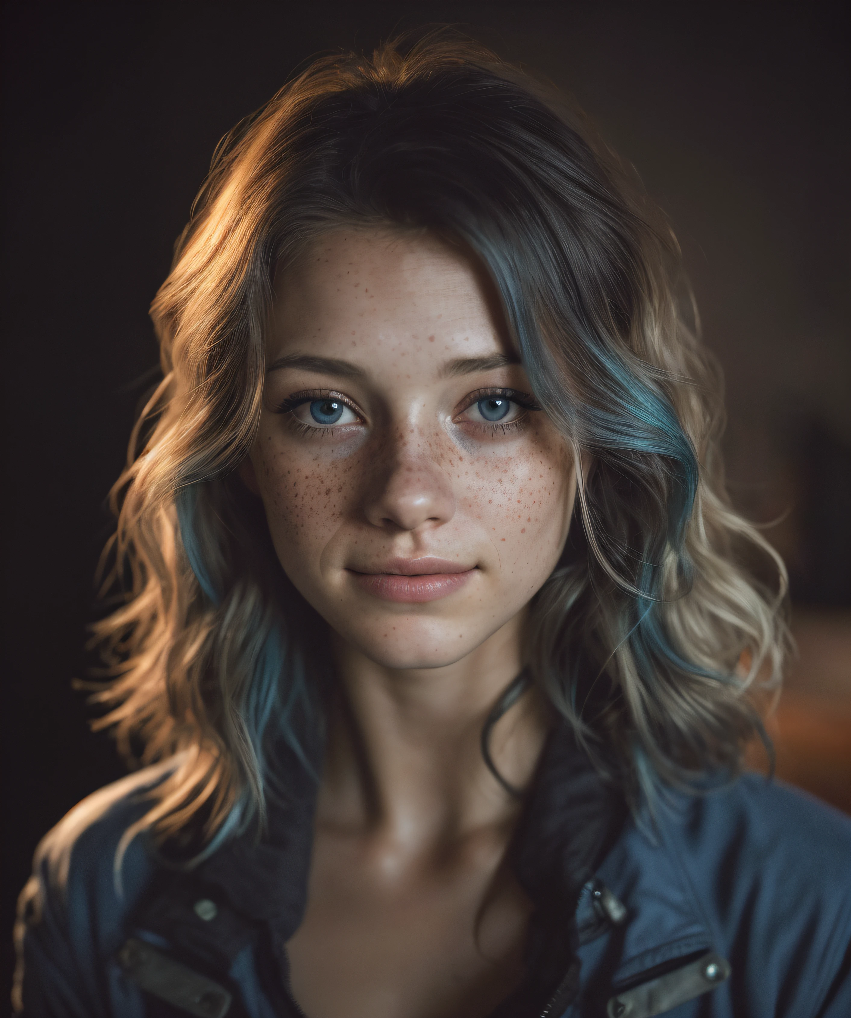 (close-up, editorial photograph of a 20 year old woman), (highly detailed face:1.4) (smile:0.7) (background inside dark, moody, private study:1.3) POV, by lee jeffries, nikon d850, film stock photograph ,4 kodak portra 400 ,camera f1.6 lens ,rich colors, hyper realistic ,lifelike texture, dramatic lighting , cinestill 800, wavy hair, messy hair, short hair, mocking smile, blue hair, freckles, blue eyes, white skin, scientist coat, andromeda galaxy, spaceship, model (melissa benoist), athletic body