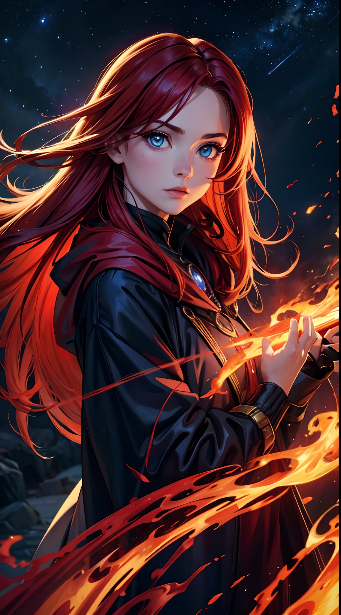 Best quality, 4K, high resolution, Masterpiece:1.2, super ultra detail, (Realistic, Photorealistic, photo-realistic:1.37), vibrant, Red and blue heterochromic eyes，Strong gaze，Mesmerizing eye contact，Fire-red iris，Dark blue shining stars，Shining pupils，Vivid colors，Portrait，Fantasy art，Magical red light，Ethereal beauty，Red color palette，Long yellow hair，Cloak like red，Mechanical wings