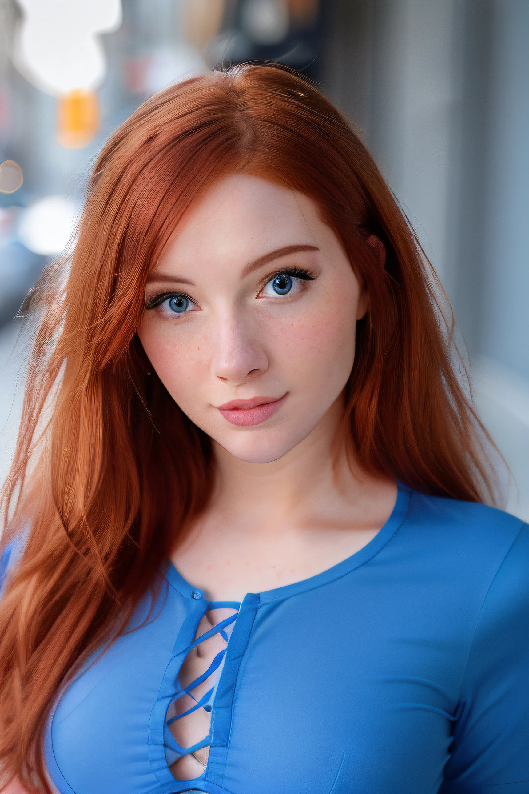 masterpiece, sharp focus, photo-realistic, award winning hyper realistic (close up) photo of red haired (Madison Kate:1.0) wearing ((tight blue clothing)), busy city sidewalk, detailed features, (detailed face:1.2), (perfect hands:1.3), (detailed eyes:1.3), 8k ultra hd, 4k, (ultra hi definition photo), highest quality, best quality,