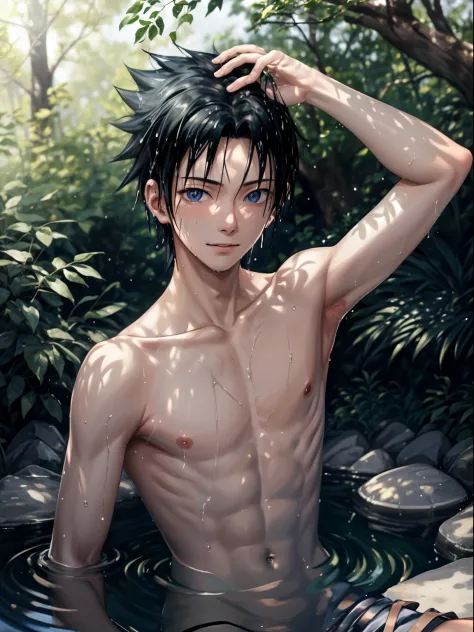 Masterpiece， Best quality at best， 1boy，boy, sasuke，(thin body, slim body), little breast，armpit, (showing armpit:1.3), shirtless, upperbody，full of sweat, is shy，smile，light blue eyes, Black hair，(Wet: 1.4), naked, Cowboy shot, Looking up, Looking at the ...