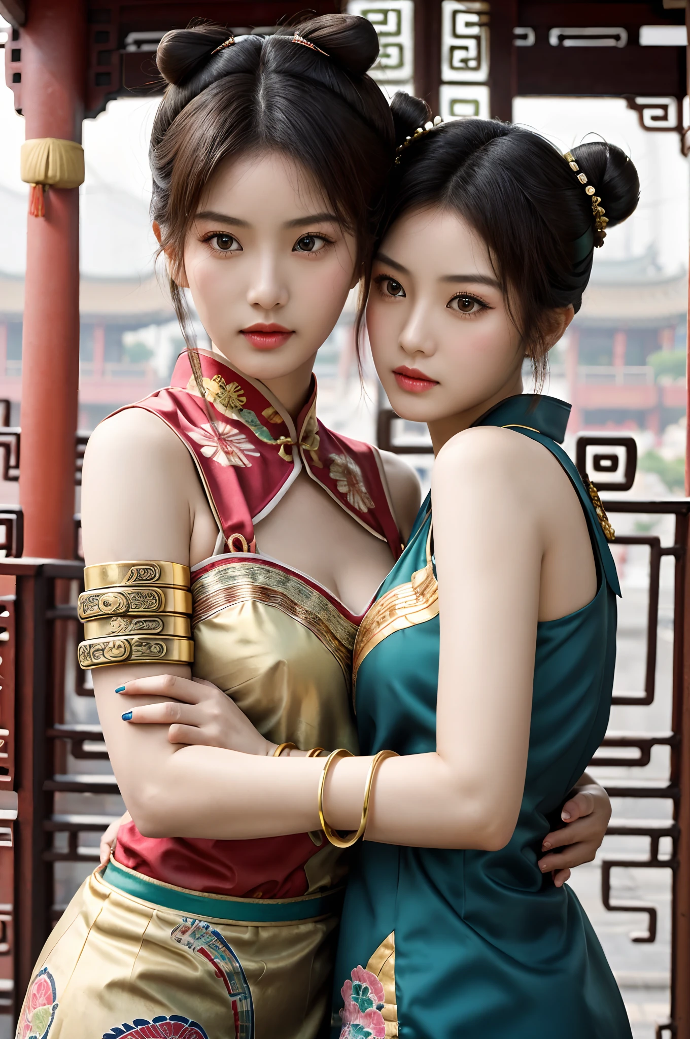 ((Realistic:1.5)),Ulzzang-6500:1.3，((Best quality)), ((Masterpiece)),((Detailed)),2girls,duo,railway station 1920's Shanghai,retro train background:1.4,{2 beautiful women}, (Upper body:1.3),(hair buns,ancient Chinese retro hairpins:1.4),Hug and touch each other, Tease your friend's waist, Breathless friends, Biting a friend's earlobe, crouched,super wide shot,Face focus, Long legs,Curvy, Barefoot,Wide hips, Thin legs, Oversized eyes,Long eyelashes, (Detailed face,beautidful eyes, detailed pupils,detailed clothes features), (armlets, bangle:1.3),(Alebriès Art Style),Sharp,Perfect compounding, Intricate, Sharp focus, Dramatic,