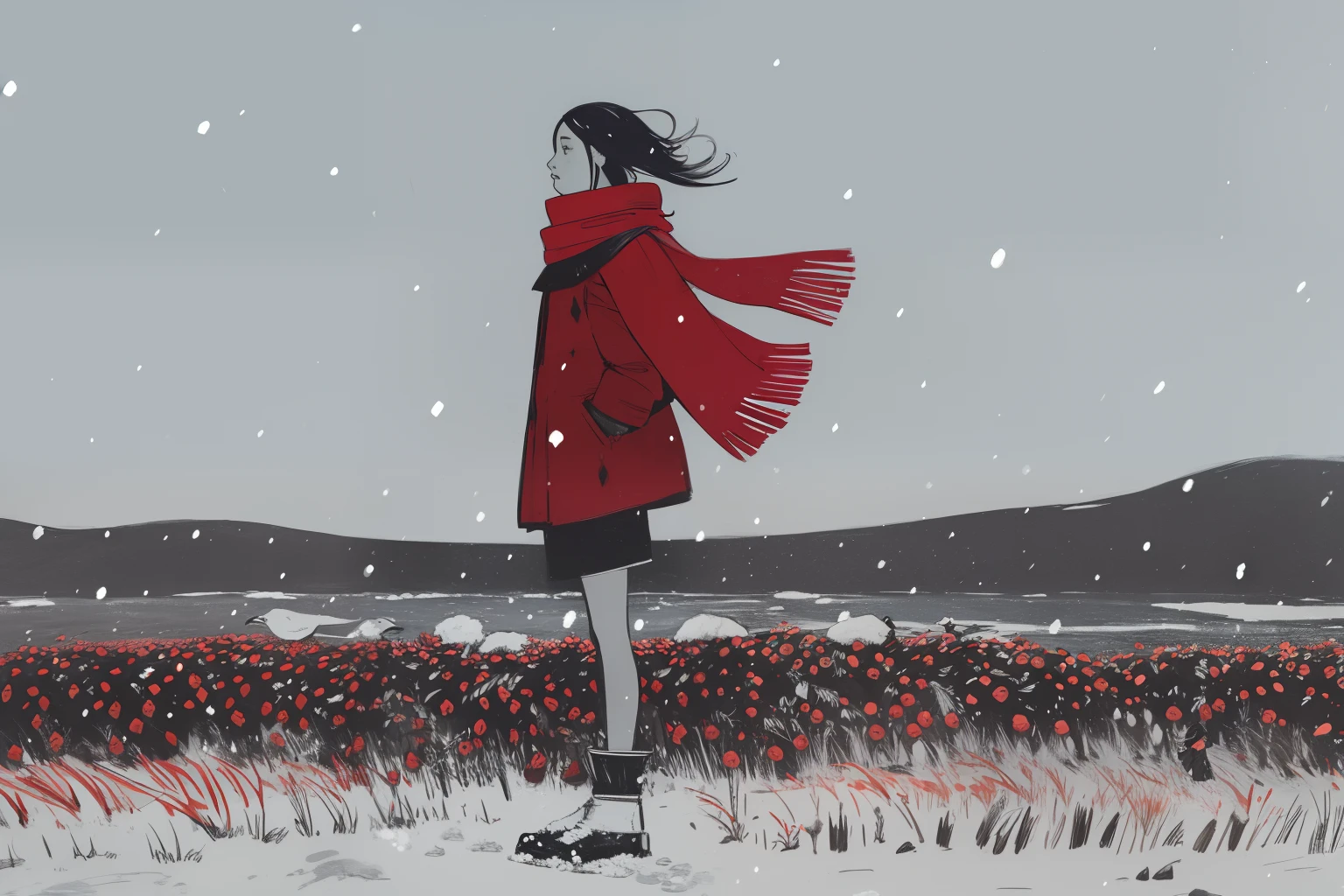 (Tribal, étnico, inuit nativo), 1 chica, red scarf on viento, De pie, invierno, tormenta de nieve, viento, Fuerte nevada, tundra, pantano, bayas rojas, gris, blanco, dark, noche, pájaros gigantes en el cielo,  bosquejo