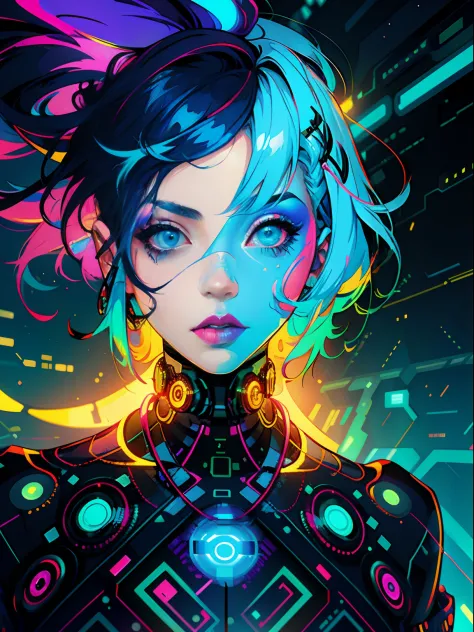 Digital painting of a woman with blue hair、Glitch Art、Behind Contest Winner、afro futurism、Synth Wave、neons、glowing neon