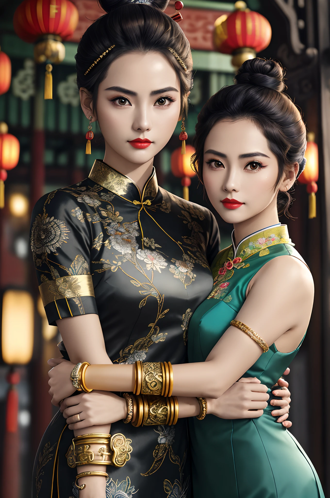 ((Realistic:1.5)),Ulzzang-6500:1.3，((Best quality)), ((Masterpiece)),((Detailed)),2girls,duo,railway station 1920's Shanghai,retro train background:1.4,{2 beautiful women}, (Upper body:1.3),(hair bun,Chinese retro hairpins:1.4),Hug and touch each other, Tease your friend's waist, Breathless friends, Biting a friend's earlobe, crouched,super wide shot,Face focus, Long legs,Curvy, Barefoot,Wide hips, Thin legs, Oversized eyes,Long eyelashes, (Detailed face,beautidful eyes, detailed pupils,detailed clothes features), (armlets, bangle:1.3),(Alebriès Art Style),Sharp,Perfect compounding, Intricate, Sharp focus, Dramatic,