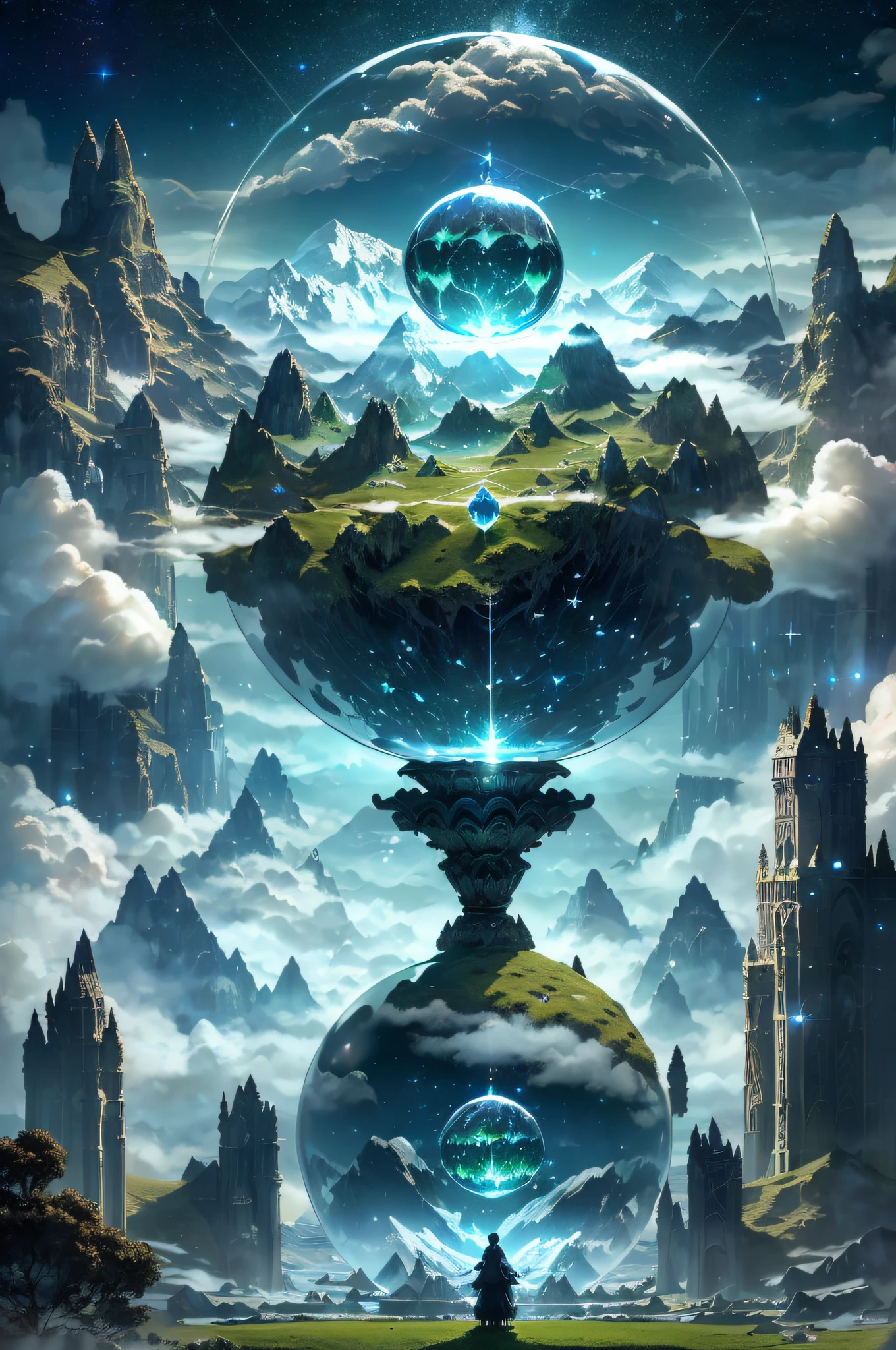 A giant mirror crystal sphere floating in space, flickering lights, sad cat lost (heaven like green fields surrounded by high mountains and clouds:1.3), particles in the air, god rays, stars in the background, intricate fractals, detailed, (illustration), masterpiece, high resolution, best quality.