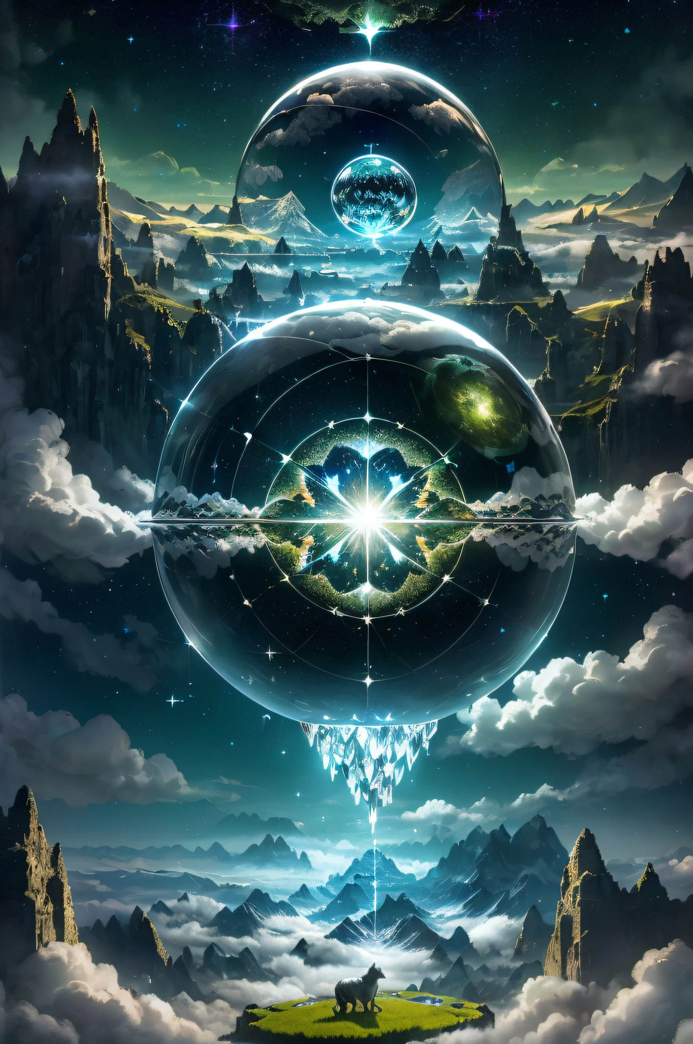 A giant mirror crystal sphere floating in space, flickering lights, sad cat lost (heaven like green fields surrounded by high mountains and clouds:1.3), particles in the air, god rays, stars in the background, intricate fractals, detailed, (illustration), masterpiece, high resolution, best quality.