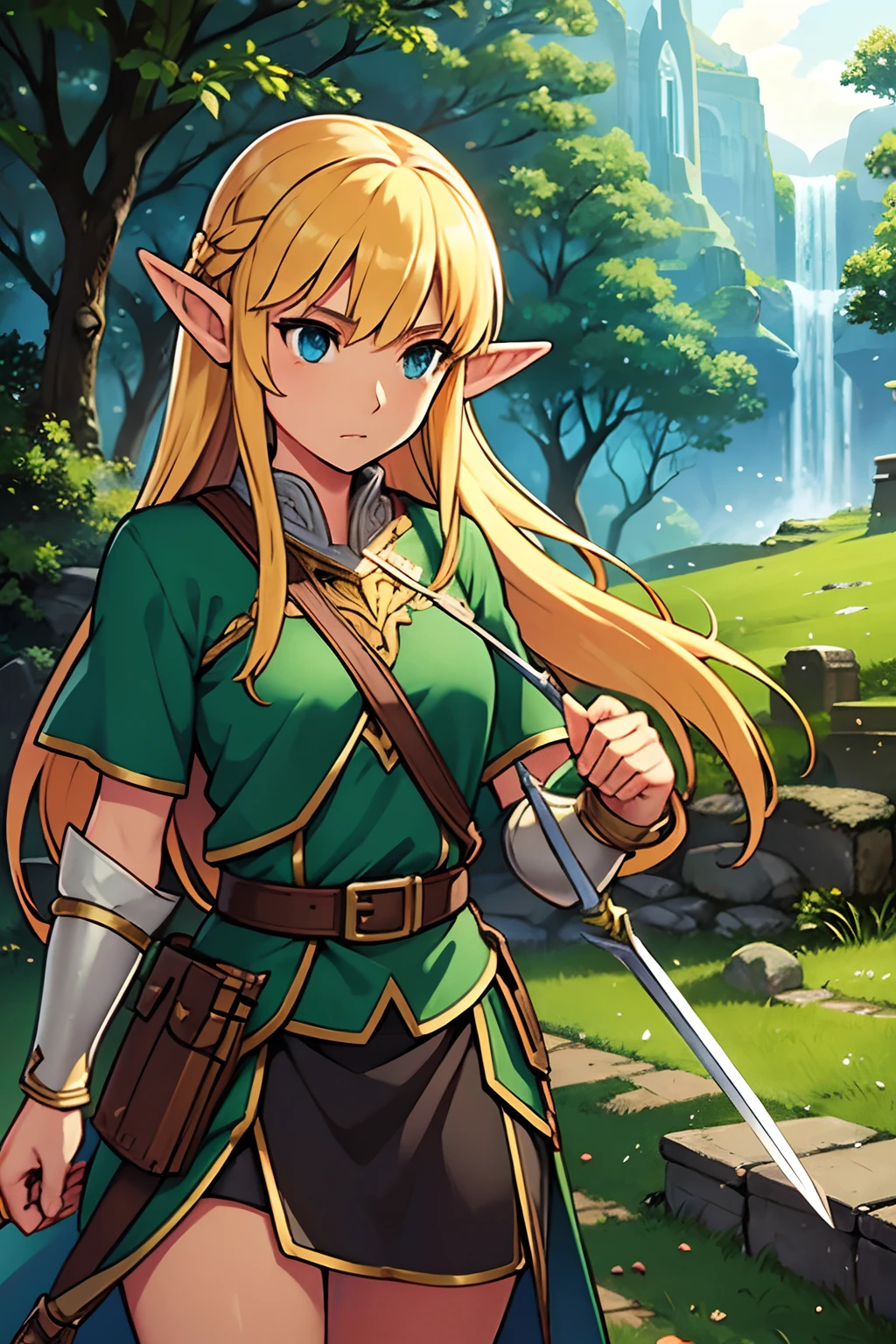 beautiful young Elf,Link,illustration,detailed outfit,elven bow and arrow,magical forest background,(best quality,ultra-detailed),(realistic,photorealistic),vibrant colors,soft lighting,eye-catching composition,adventurous atmosphere,fantasy setting,fantasy adventure game,sword and shield,proud and determined expression,golden hair flowing in the wind,peaceful and enchanting scenery,ancient ruins in the distance,ancient artifacts,heroic quest,epic battles,legendary creatures,magic spells