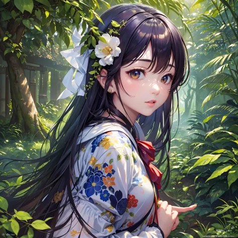 (Finest quality)),(超A high resolution),(ultra-detailliert),(Meticulous portrayal),((best pictures)),(Finest works of art),Ultra-Precision Art,The art of astounding depiction, (1人の女性:1.3),shrine maiden, Ruins deep in the jungle