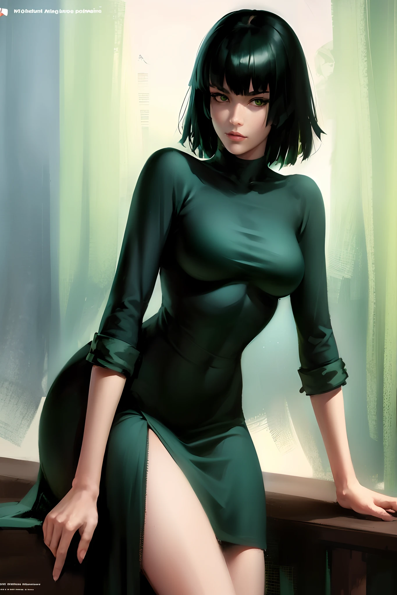 Character art of fubuki, green hair, lovely, 8k resolution art, accurate features, lovely, art of Michael Carson, Mead Schaeffer, James Abbott McNeill Whistler, Jeff Lemire, Jessie Willcox Smith, John Lavery, Joseph Lorusso, Kelly Mckernan