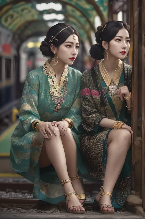 ((Realistic:1.5)),Ulzzang-6500:1.3，((Best quality)), ((Masterpiece)),((Detailed)),2girls,duo,railway station 1920's Shanghai,ret...