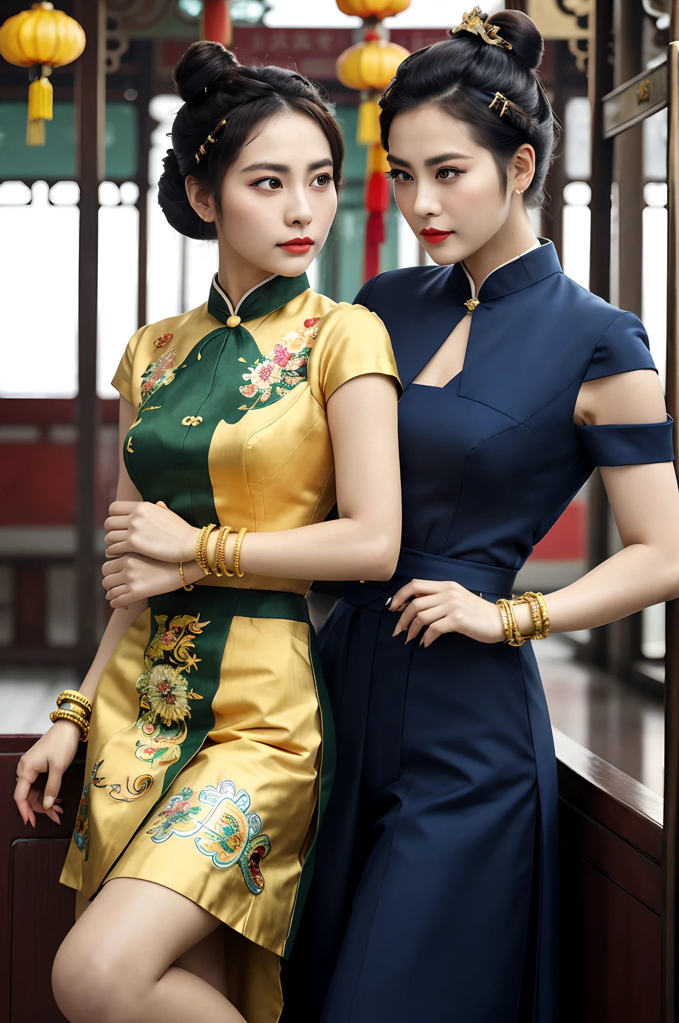 ((Realistic:1.5)),Ulzzang-6500:1.3，((Best quality)), ((Masterpiece)),((Detailed)),2girls,duo,railway station 1920's Shanghai,retro train background:1.4,{2 beautiful women}, (Upper body:1.3),(hair bun,Chinese retro hairpins:1.4),Hug and touch each other, Tease your friend's waist, Breathless friends, Biting a friend's earlobe, crouched,super wide shot,Face focus, Long legs,Curvy, Barefoot,Wide hips, Thin legs, Oversized eyes,Long eyelashes, (Detailed face,beautidful eyes, detailed pupils,detailed clothes features), (armlets, bangle:1.3),(Alebriès Art Style),Sharp,Perfect compounding, Intricate, Sharp focus, Dramatic,