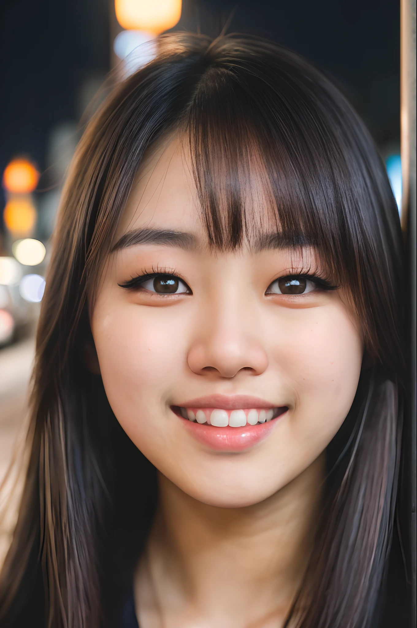 (close-up, editorial portrait photograph of a beautiful 21 year old japanese girl), (highly detailed face:1.4) (smile:0.7) (background city streets at night:1.3) POV, nikon d850, film stock photograph ,4 kodak portra 400 ,camera f1.6 lens ,rich colors ,hyper realistic ,lifelike texture, cinematic lighting , cinestill 800,