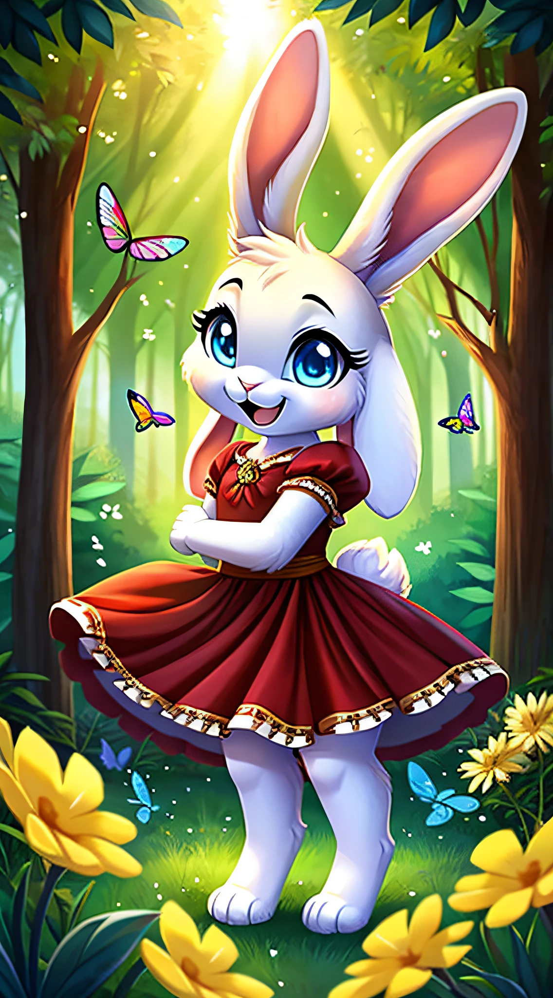 zoomed out image, fantasy style art, cute, adorable, short, tiny, little fluffy female white bunny with blue eyes, 2 extra ears, 4 ears, big floppy ears, long ears, ears perked up, raised ears, long eyelashes, poofy rabbit tail, smiling, standing on two hind feet, standing in a forest, wearing a red frilly dress, big expressive smile, open mouth, wide eyes, excited eyes, excited face, stunning visuals, sunlight coming through the trees, colorful flowers scattered in the bushes, colorful butterflies flying around, digital illustration