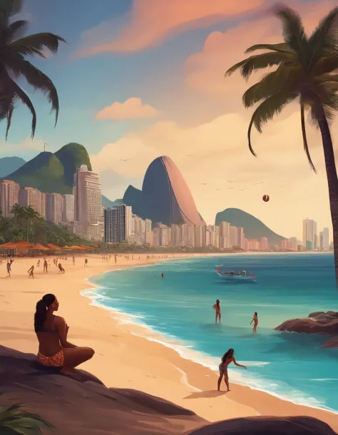 cyberpunk, Ilustre uma cena ensolarada de praia no Rio de Janeiro, with people playing volleyball, praticando capoeira e relaxando na areia. Include Sugarloaf Mountain and the city's characteristic skyline.