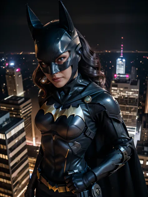 Batgirl, batgirl mask, superheroe pose, angry face, imponent, at night, top of building, watching the city, below view, f 1. 2, ...