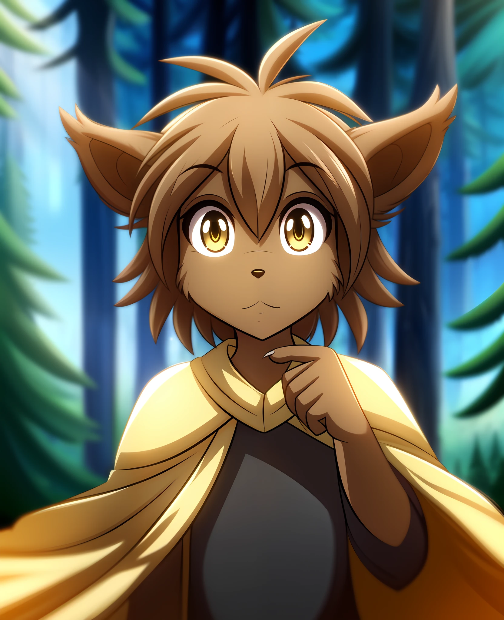 Madelyn , Madelyn Adelaide, twokids, (best quality, masterpiece:1), solo, furry female anthro, yellow eyes, short hair, light brown hair, portrait, fingers, finger claws, looking at viewer, tail, ear raised, (outdoors dark forest trees blurry blurred background:1.1), black shirt, yellow cape