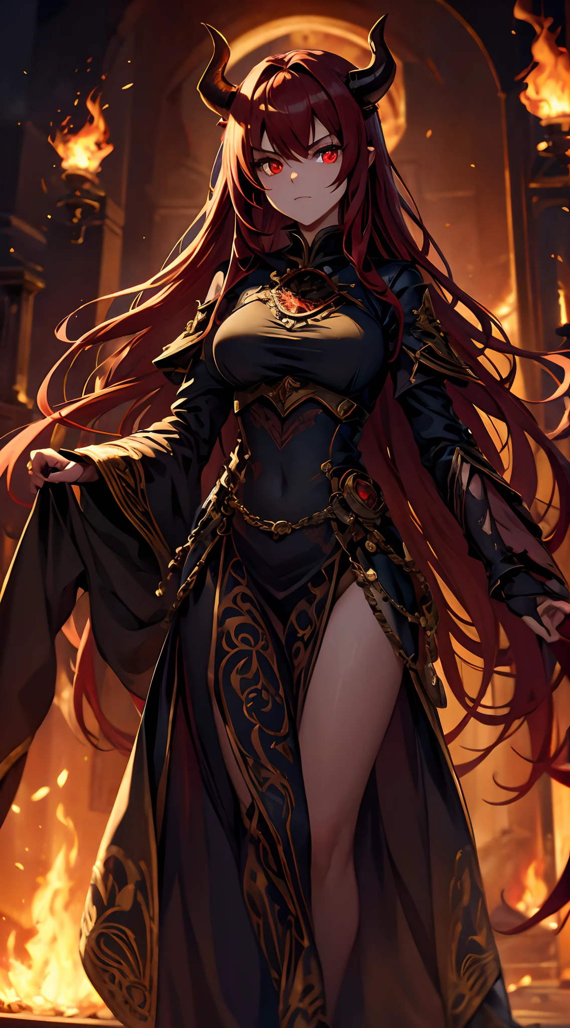 digital art, full body, in the center of the frame, masterpiece, best quality, 1girl, empress, imposing pose, menacing feature, detailed face, super detailed glowing red eyes, long flowing red hair, detailed hair, glowing fire horn, Focus on Theo character, cinematic lighting, well lit, illuminated environment, solo, looking at viewer, long ceremonial costume, surrounding flames, front lighting, 8K,