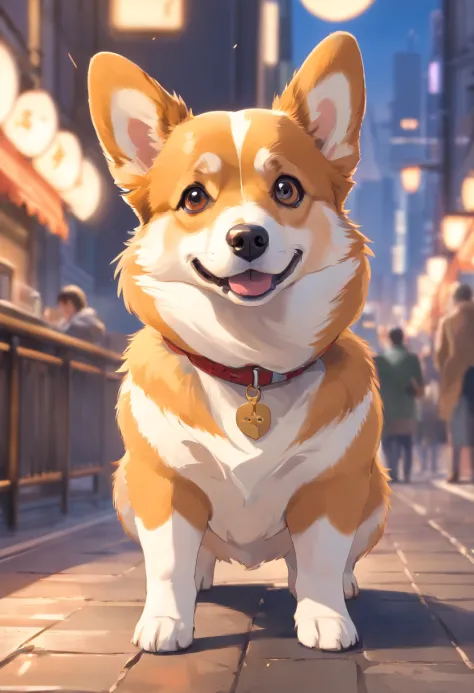 "Create a Pembroke Welsh Corgi with chic ultra-high definition images, Classic Dog Pose. Use of advanced macro photography techniques、Highlights the intricate details of the dog's coat, Standing ears, And expressive eyes and tongue are partially out. Place...