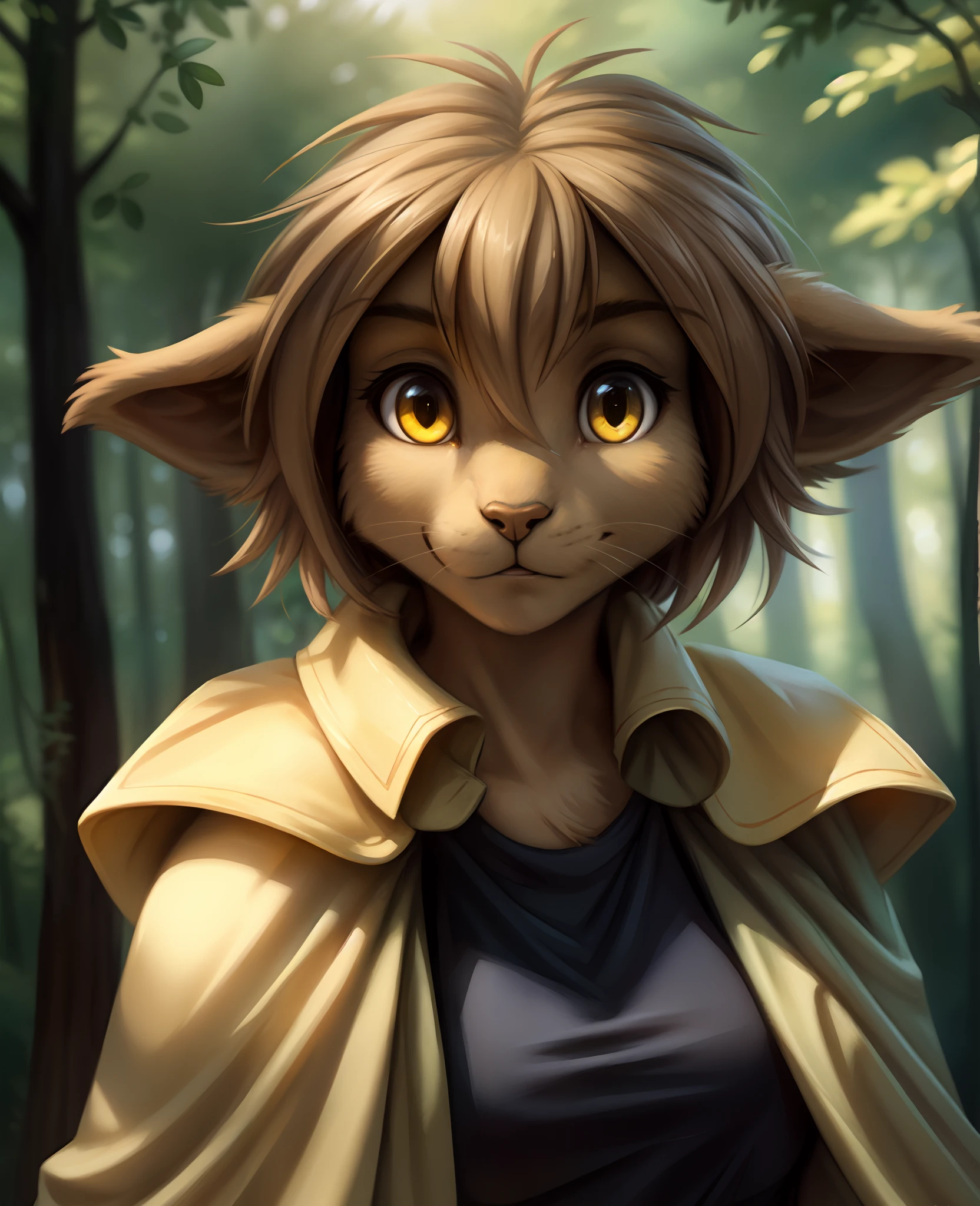 by kenket, by totesfleisch8, (by thebigslick, by silverfox5213:0.8), (by syuro:0.2), chee-riee,,  Madelyn , Madelyn Adelaide,  twokinds, (best quality, masterpiece:1), solo, furry female anthro, yellow eyes, short hair, light brown hair, portrait, finger claws, looking at viewer, tail, ear raised, (outdoors dark forest trees blurry blurred background:1.1), black shirt, yellow cape