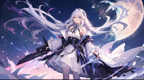 Cat's ears, blue eyes, ((hair is white with pink highlights and shoulder length)), Her skin is pale, A blade of ice enveloped me like a serpent in interstellar wind,Unleash the Ice Blade, Highest Quality, Carry a white cloak with war maiden decorations,Rai...