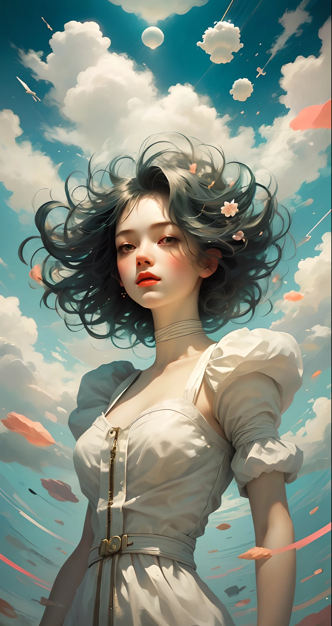 傑作, 最好的品質, 電影劇照, 1個女孩, 漂浮在天空中, 雲 girl, 雲, (特寫:1.1), 明亮的, 快樂的, 樂趣, 柔和的燈光, (包浩斯, 形狀, 線, 抽象的:1.1)