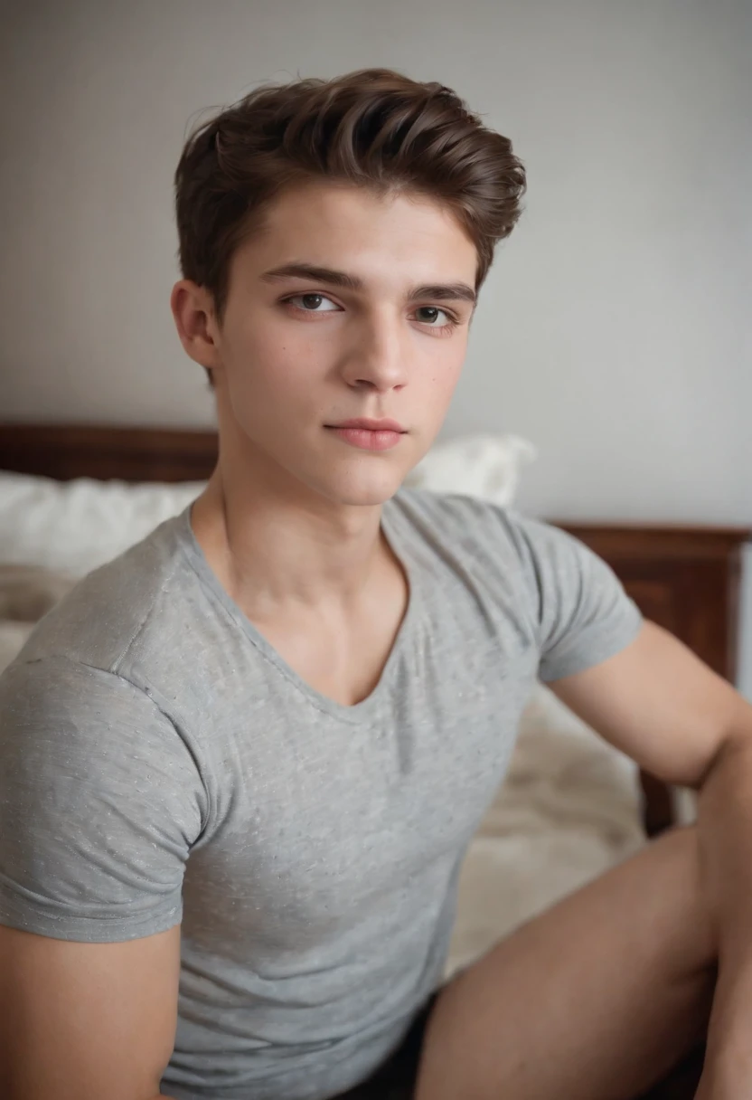 A close up of a young man sitting on a bed with a white comforter - SeaArt  AI