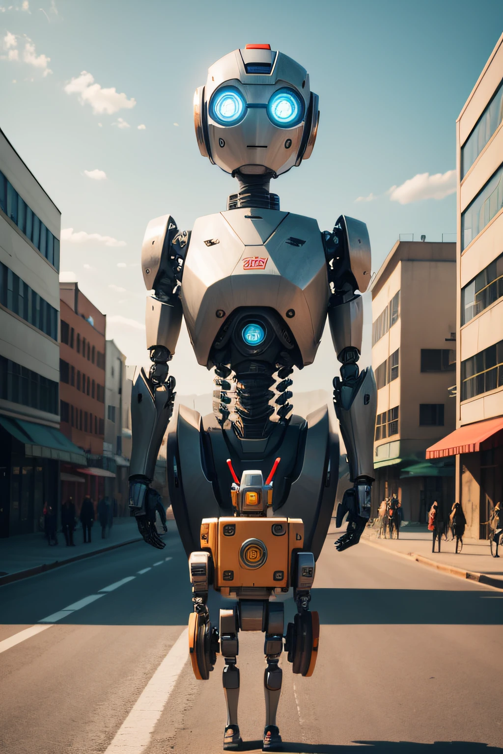 robot on a road with buildings with several people around it