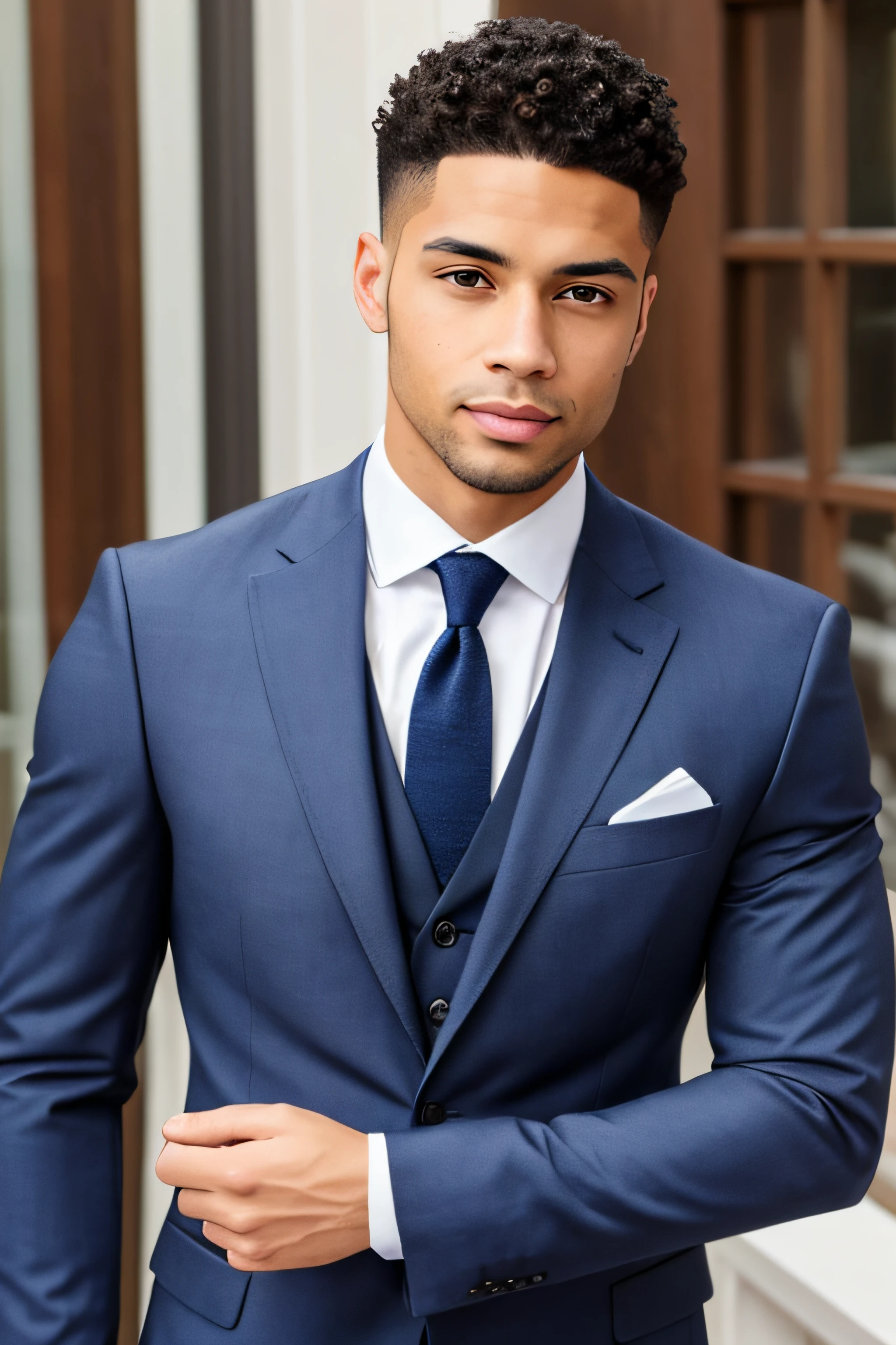 A close up of a man in a suit and tie standing outside - SeaArt AI