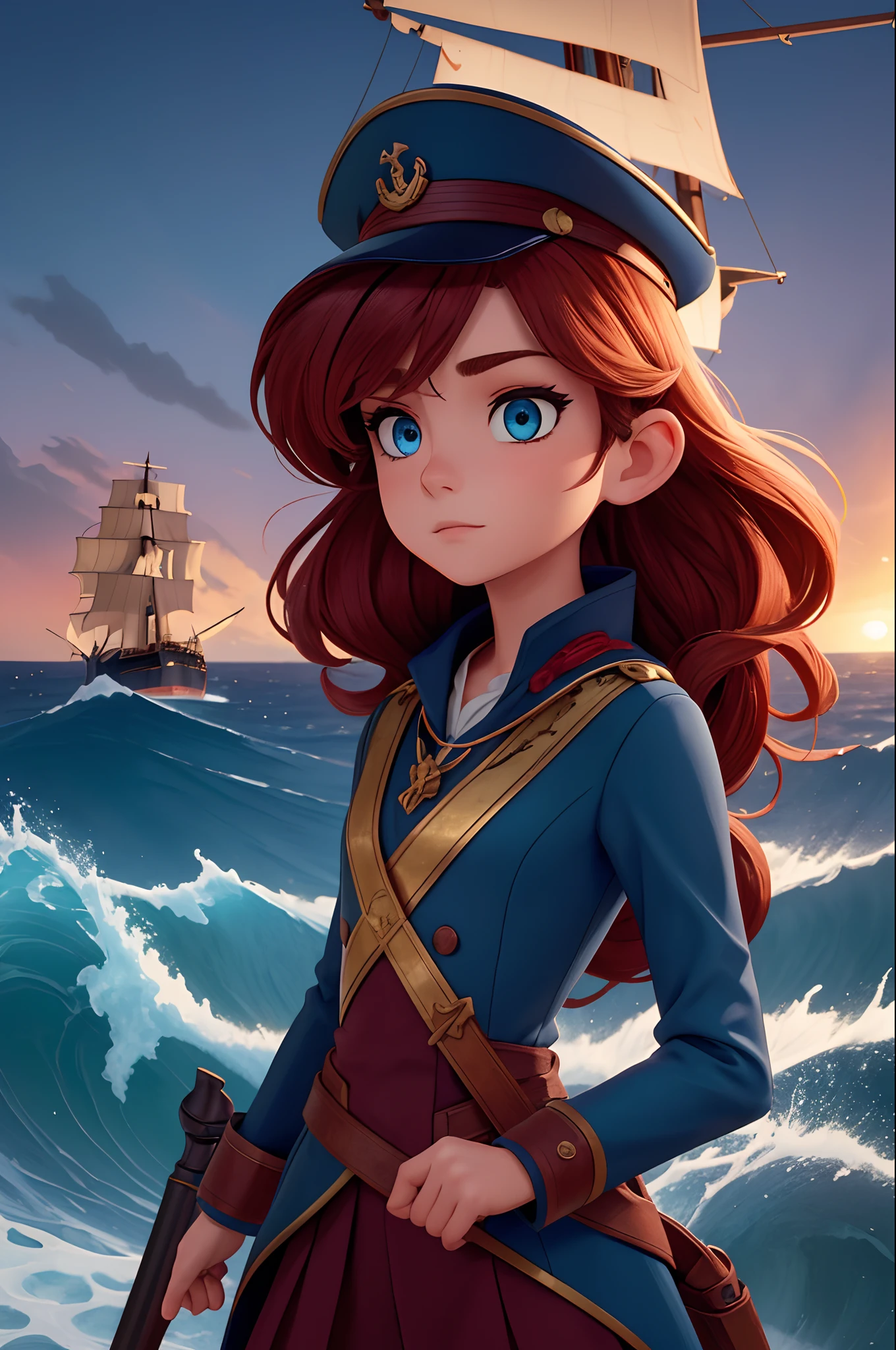 (A small chest:1.3),(masterpiece, best quality:1.4), (beautiful, aesthetic, perfect, delicate, intricate:1.2), 1 girl, adult (elven:0.7) woman,  light blue eyes, copper half-up half-down hairstyle, solo, upper body, looking down, detailed background, ship captain, serious, dark red captain uniform, elegant cloak, captain hat, decorations, dynamic pose, on deck of ship, anchor, waves on the horizon, dawn, dramatic lighting, epic atmosphere,