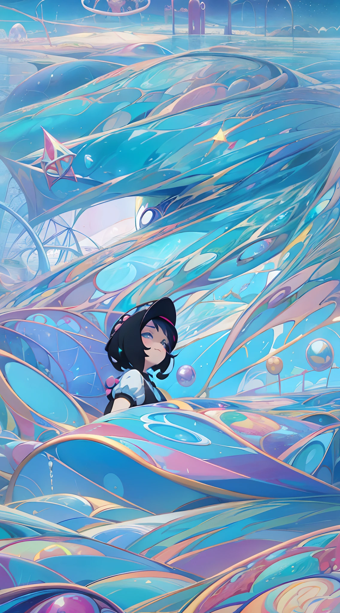 Character with short hair underwater, ((colourful, As detailed as possible, tmasterpiece)), 2 d anime style, from the anime Gemland, Larimar, flat anime style, in anime style, the anime, anime stylized, glass hair, Glowing Hair, portraite of a, Black Uniform, Strict costume, black necktie, white  shirt, puffy short sleeves, Shorts, Smile, puffy short sleeves, Puffy armbands, Shirt, short sleeve, sparkle, Lush eyelashes, Short Hair Hair, happy face, ssmile, Abstraction on the background, (surrealism:1.9), against the background of water, water, gems, disarray, Divorces on water