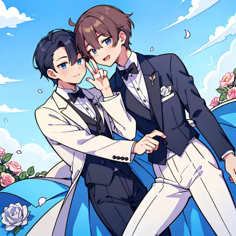 (Masterpiece), (best quality), ((super-detailed)), (very fine 4Ksuper fine illustration), (2male:1.5), ((handsum male)), gay male relationship, (yaoi pose), (white tuxedo:1.3), tuxedo style, ((pure white tuxedo suit)), white flowers, white roses, male face...