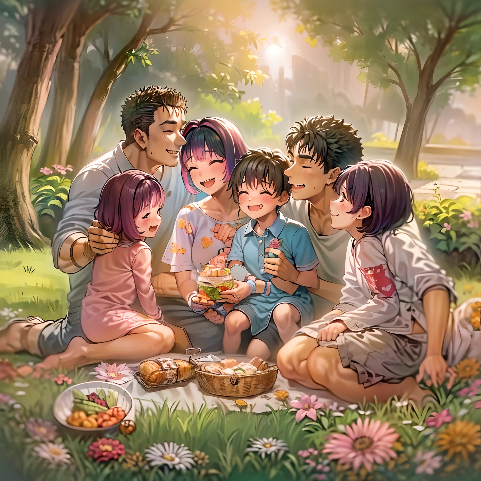 (una familia feliz en un jardín de picnic),(riamu como figura maternal),(riamu y su esposo pasan tiempo de calidad),(una pareja disfrutando del aire libre),(Los niños de Riamu jugando y divirtiéndose.),(agallas como un padre amoroso y afectuoso),(un amoroso esposo y esposa),(riamu y su hijo comparten un vínculo alegre),(una familia feliz y armoniosa),(la risa alegre de los niños),(la calidez de los lazos familiares),(una pintoresca escena de jardín),(los colores vibrantes de la naturaleza),(la suave luz del sol filtrándose entre los árboles),(un ambiente pacífico y sereno),(tripas y riamu rodeados de flores en flor),(el olor a hierba recién cortada),(un delicioso picnic acompañado de una variedad de comida),(el sonido de los pájaros cantando),(la sensación de la hierba bajo sus pies),(el amor y la felicidad que irradia la familia),(un momento de pura alegría y unión),(una instantánea de una salida familiar perfecta),(un recuerdo para ser apreciado por siempre)