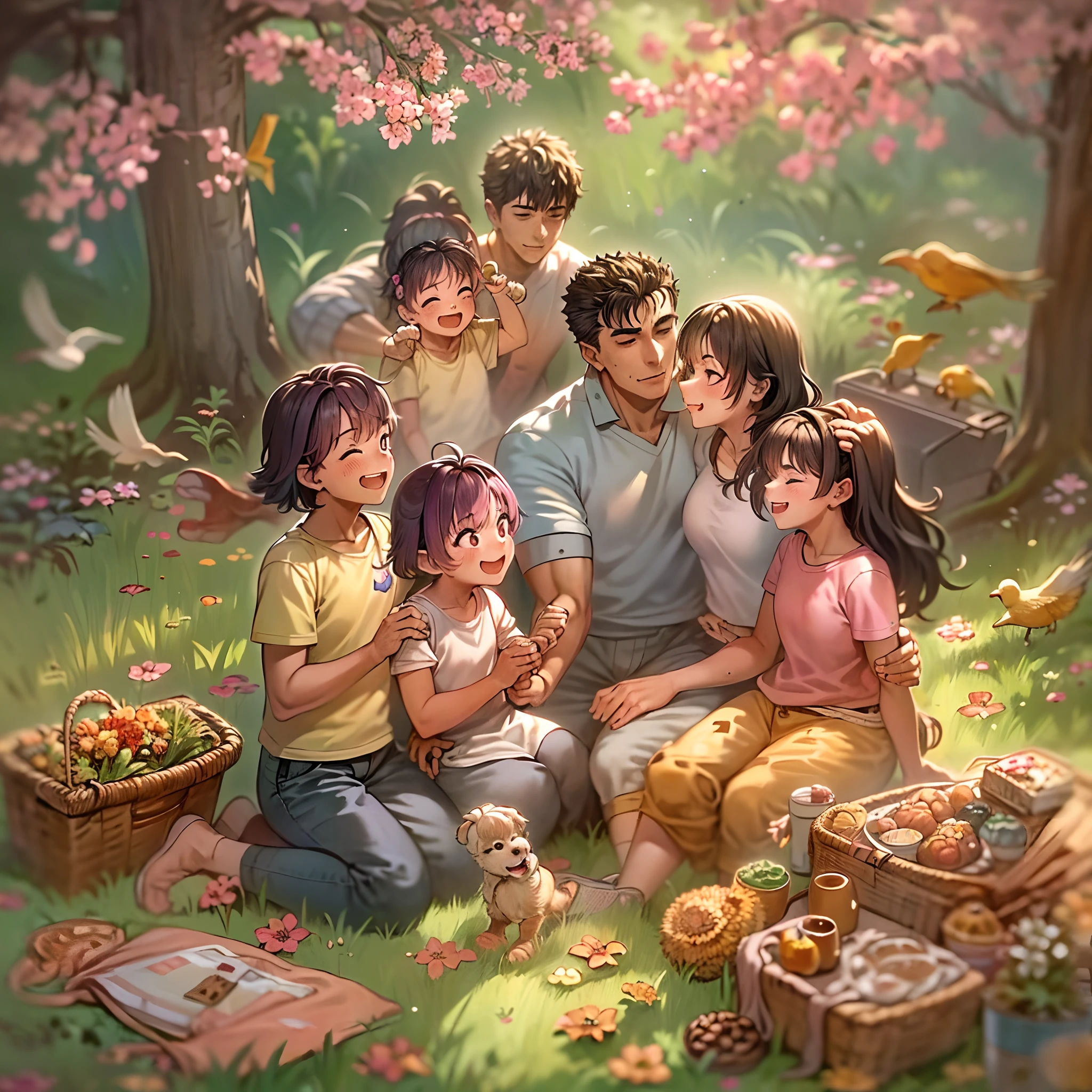 (a happy family in a picnic garden),(riamu as a motherly figure),(riamu and her husband spending quality time),(a couple enjoying the outdoors),(riamu's children playing and having fun),(guts as a loving and caring father),(a loving husband and wife),(riamu and her son sharing a joyful bond),(a happy and harmonious family),(the joyful laughter of children),(the warmth of family bonds),(a picturesque garden scene),(the vibrant colors of nature),(the soft sunlight filtering through the trees),(a peaceful and serene atmosphere),(guts and riamu surrounded by blooming flowers),(the scent of freshly cut grass),(a delicious picnic spread with a variety of food),(the sound of birds chirping),(the feeling of grass beneath their feet),(the love and happiness radiating from the family),(a moment of pure joy and togetherness),(a snapshot of a perfect family outing),(a memory to be cherished forever)