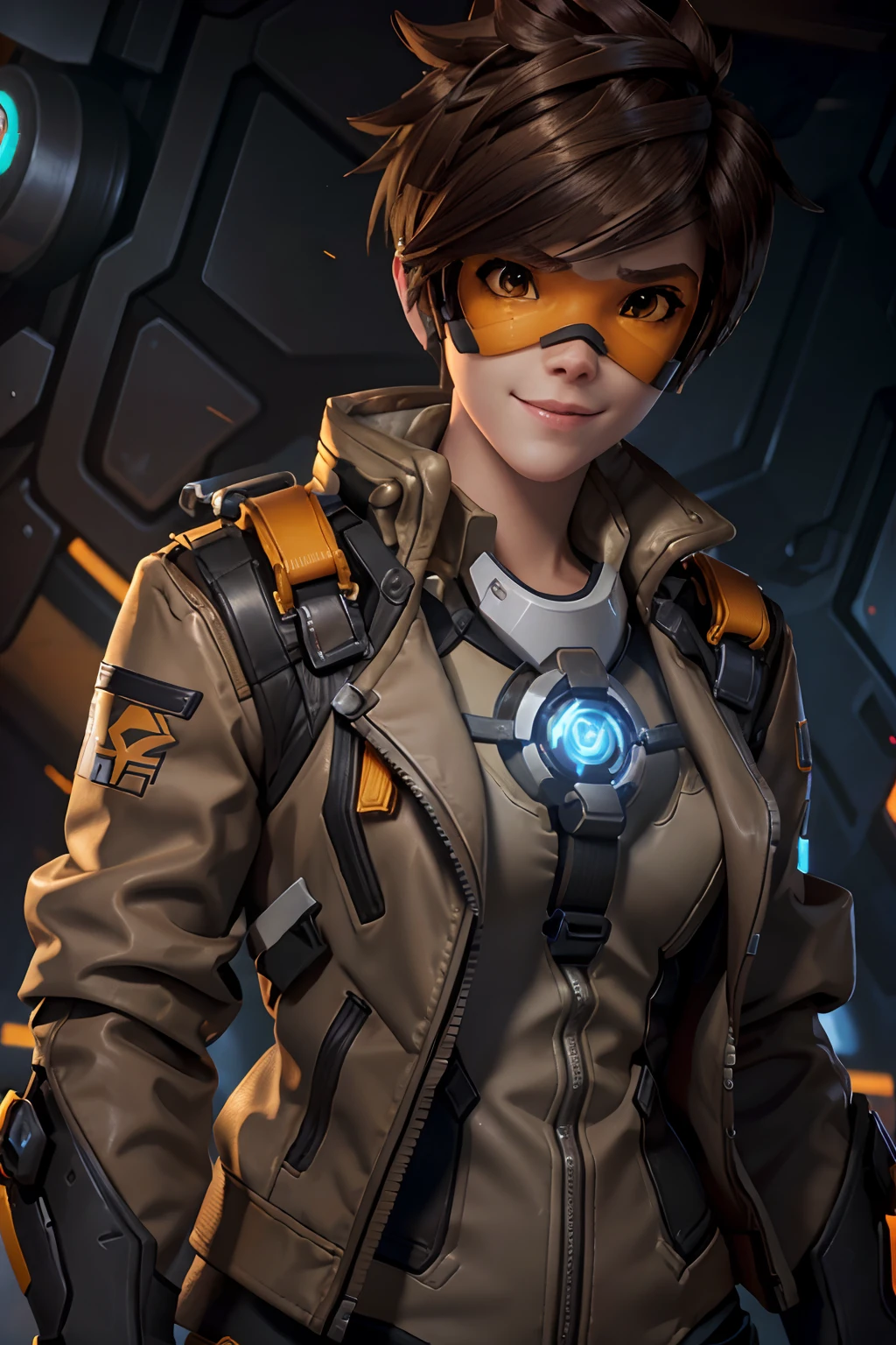 TracerOver, 1girl, tracer (overwatch), solo, orange goggles, brown hair, goggles, short hair, spiked hair, brown eyes, upper body, harness, jacket, bomber jacket, smile, looking at viewer, bodysuit, chest harness, bangs, parted lips, teeth, leather, lips, brown jacket, leather jacket, piercing