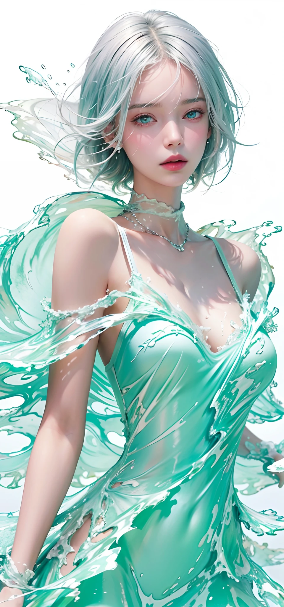 (Masterpiece, Best quality:1.2), 8K, 85mm, RAW photo, absurderes, White and cyan theme, (liquid clothes, Liquid dress:1.4), White hair, gradient dress, Delicate girl, Upper body, close-up face, Shiny skin, Married Woman, view the viewer, hdr, Sharp focus, Particle, twilight sky, Detailed eyes and face, White hair, Simple background，nakeness，plumw，extremely large bosom，Bare lower body，Bare breasts