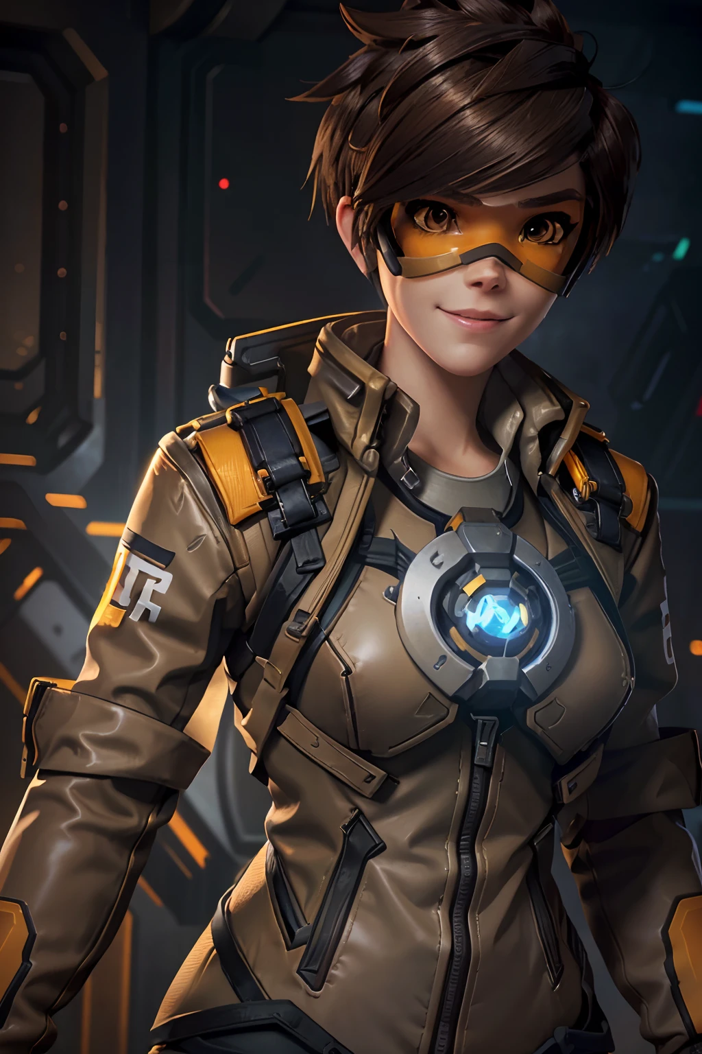 TracerOver, 1girl, tracer (overwatch), solo, orange goggles, brown hair, goggles, short hair, spiked hair, brown eyes, upper body, harness, jacket, bomber jacket, smile, looking at viewer, bodysuit, chest harness, bangs, parted lips, teeth, leather, lips, brown jacket, leather jacket, piercing