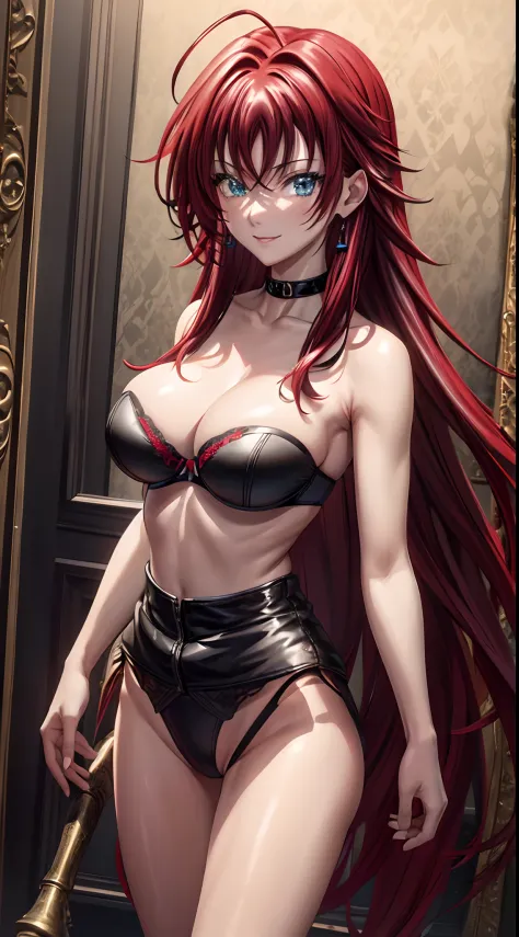 8k, highres, ultra detailed, (masterpiece:1.4), best quality, symmetrical body, (Black strapless bra:1.4), (black leather thong:1.4), choker, cute, solo, earrings, long hair, (red hair:1.4), blue eyes, glow effect, finely eye, grinning, wide smile, detaile...