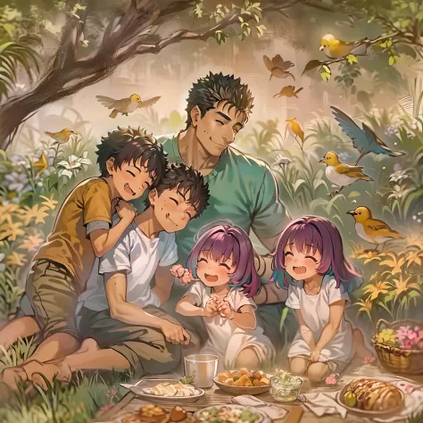 (a happy family in a picnic garden),(riamu as a motherly figure),(riamu and her husband spending quality time),(a couple enjoyin...