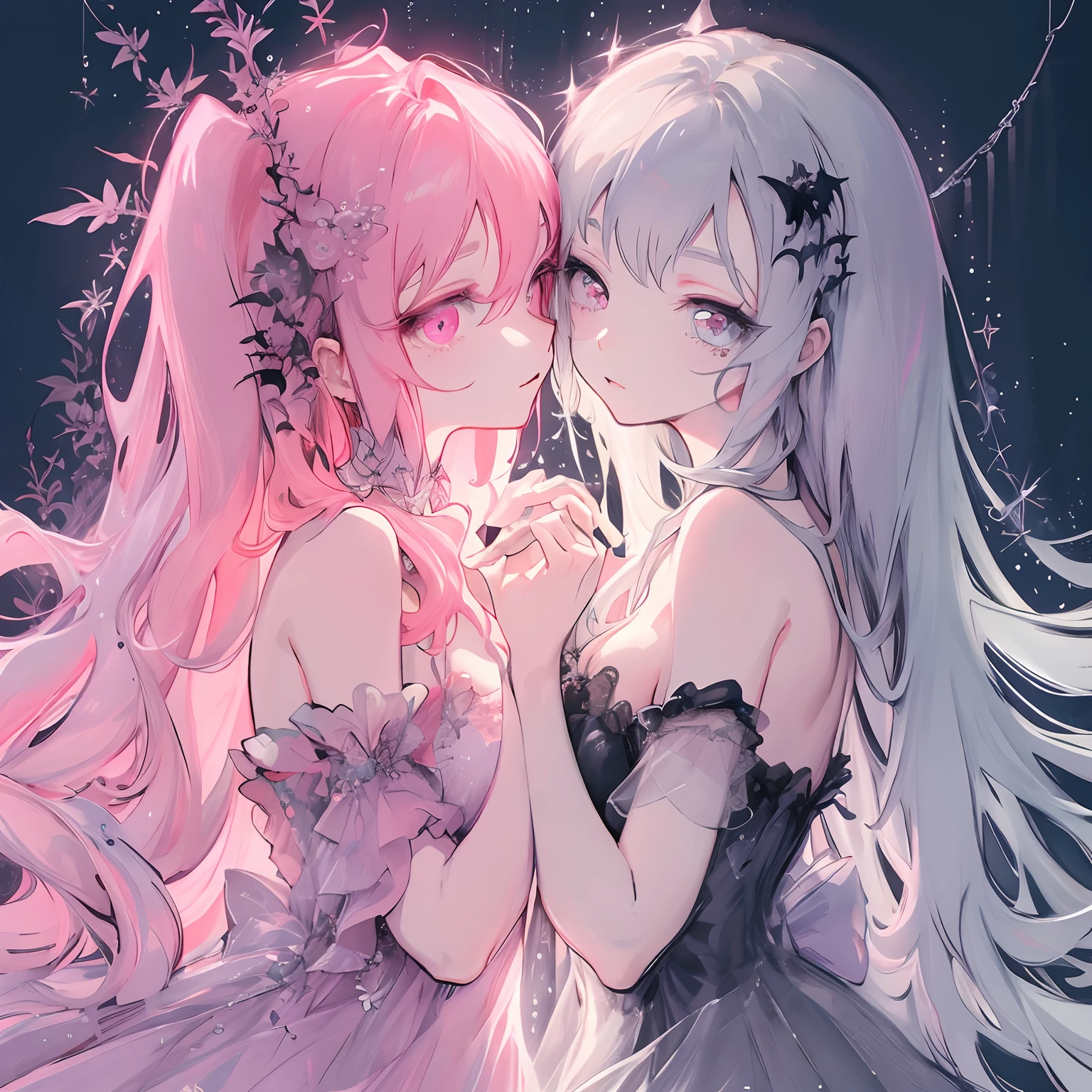 Anime vampire girl,long pink hair,multi coloured hair,detailed hair, silver eyes,sparkle eye,highly detailed eye,holding black Lily bouquet,detailed flowers,white cute dress,Anime vampire girl in cute dress,elegant and delicate, detailed artwork, highest quality artwork,high resolution ,sorrowful face,highly detailed face,best quality