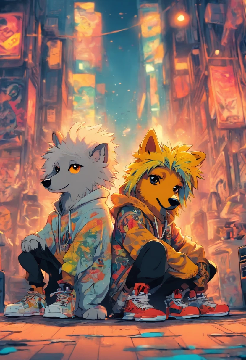 Two cool and trendy dogs talking to each other, White hair, Yellow eyes, Wear trendy hip-hop clothes, Wearing a hoodie, Graphic T-shirt and ripped jeans, Lots of tattoos and piercings, Doodle style background, Highly detailed background, perfect masterpiece, High quality, High resolution