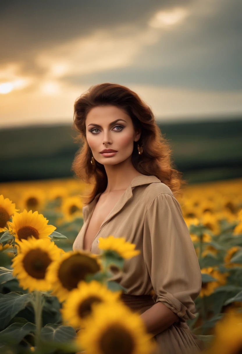 Arafed woman in a field of sunflowers with a cloudy sky - SeaArt AI